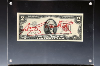 Andy Warhol, 1928-1987, "2 Dollars", dieser mit Magnet befestigt, signiert, ca. 6.5x15.5cm, gerahmt, Gesamtmaß ca. 15x20cm, mit ...
