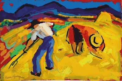 Pierre Ambrogiani,1907-1985, Konvolut aus 2 Werken, " Vue provencale", "Les Faucheurs", , Farbholzstich, ca. 40x59 cm, 34x50 cm