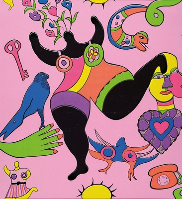 Niki de Saint-Phalle, 1930-2002, "Nana", Farbsiebdruck auf Tapetenstück, PP, Motiv ca. 58x53 , gesamt ca. 80x60 cm
