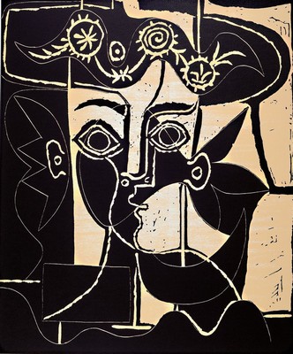 Pablo Picasso, 1881-1973, "Femme au chapeau orni", Farbserigrafie, ca. 75x60 cm
