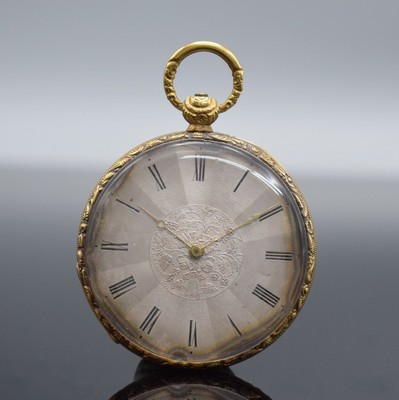Offene Taschenuhr in GG 750/000, Schweiz um 1850, Metallcuvette, floral grav. Ränder, guill. Rückseite, silb. Zifferbl. m. röm. Zahlen z. T. ...