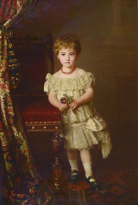 Helene Peschel, geb. 1859 Jüterbog, Berliner Bildnismalerin, Schülerin von Streckfuß und J. Lulvès, hier: Ganzporträt eines Mädchen, an einen ...