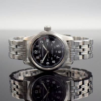HAMILTON Khaki Herrenarmbanduhr in Stahl, Schweiz um 2010, Automatik, Ref. H704450, beids. vergl. Geh., Boden verschr., neutr. Gliederband m. ...