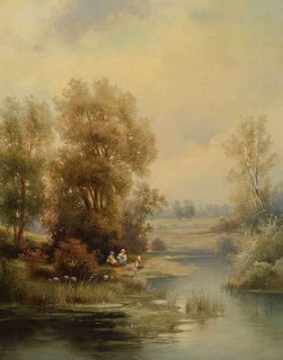 Rasetti o.ä., Maler der 2. Hälfte des 19. Jh., Kinder am Ufer eines baumbestandenen Bachlaufes, Öl/Lwd, links unten signiert, ca. 53x41cm, R. ca. ...