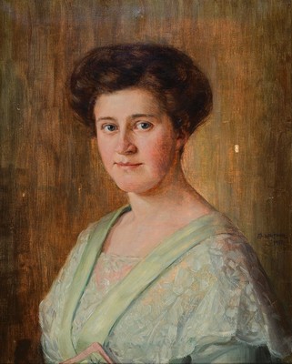 Zuschreibung: Emmy Walther, 1860 Hamburg-1936 Dachau, Porträt einer Frau im hellgrünen Kleid, Öl/Lwd, kleiner Lwd-Schaden, seitlich rechts sign. ...