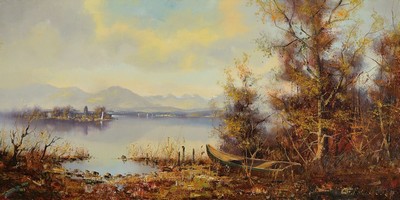 Friedrich Karl Thauer, 1924-2009, Studium in München bei Prof. Metz und Hagenmüller, später Studium bei Kokoschka, hier: Chiemsee mit Fraueninsel, ...