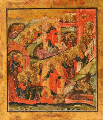 Ikone, Russland, 1. Hälfte 19. Jh., Auferstehung Christi, Simultandarstellung der verschiedenen Stationen: Erscheinung Christi, leeres Grab/Marien ...
