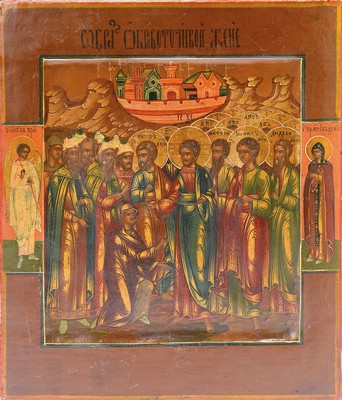 Ikone, Russland, 2. Hälfte 19. Jh., Tempera auf Holz, vertieftes Mittelfeld, Marienkrönung, vielfigurige Szene vor stilisierte Darst. des ...