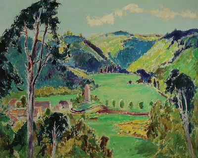 Karl Graf, 1902-1986 Speyer, Blick auf den Aschbacher Hof nahe Kaiserslautern, Öl/ Hartfaser, rechts unten signiert, ca. 68x85cm