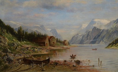 Eduard Josef Müller, 1851 Ellenhausen-1922, Studium an der Akademie Düsseldorf, hier: der Harlanger Fjord, Landschaftsgemälde mit großer ...