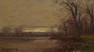 Peracchio, frz. Künstler des 19.Jh., spätherbstliche Stimmungslandschaft im Abendlicht, erdig-graue Farbpalette, belebt durch die vereinzelten ...