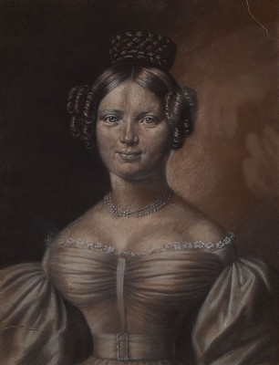 Unbekannter Porträtist des frühen 19.Jh., monochromes Porträt: Halbfigur einer jungen Frau, wohl Catharina Margarethe Achenbach, geb. Bünger, um ...