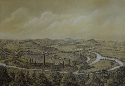H. Schnitzler, dat. 1893, Darstellung wohl mitteldeutscher Landschaft, vordergründiges Hüttenwerk mit rauchenden Essen, weiter Blick in eine ...