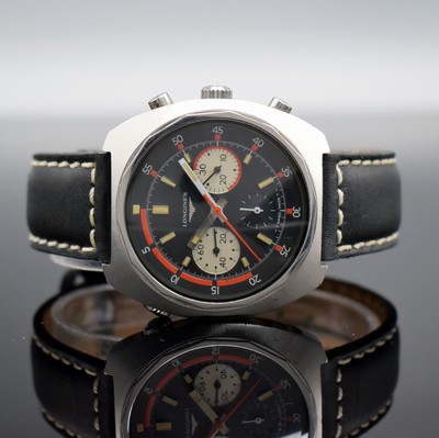 LONGINES Herrenarmbanduhr mit Chronograph in Stahl Kaliber Valjoux 72, Schweiz um 1968, Handaufzug, Ref. 8224-1, verschr. Boden, schwarzes Tritium ...