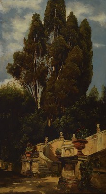 Unbekannter Künstler des fortgeschrittenen 19 .Jh., Arnold Böcklin-Nachfolger, Parklandschaft mit Vedute einer repräsentativen zweiläufig ...