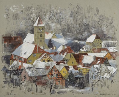 Horst Rosemann, 1927 Freiburg (Schlesien), studierte in Breslau bei Helm und Hölscher, winterliche Ansicht von Detwang, Pastell, signiert und ...