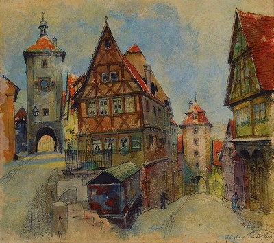 Gustav Lüttgens, geb. 1898, Rothenburger Maler, zwei Ansichten von Rothenburg: ein Ölgemälde, "Im Burggarten", auf handbemaltem Plakat ...