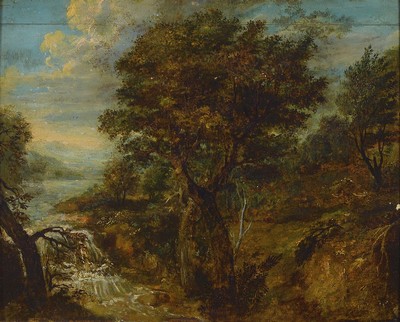 Süddeutscher Maler, um 1840/50, Gebirgslandschaft mit Blick ins Tal und kleinem Bach, Öl/Weichholzplatte, unsigniert, oben mit älterem ...