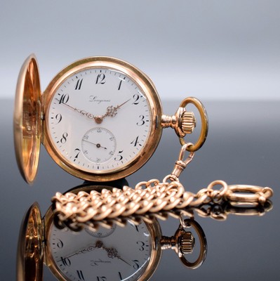 LONGINES Herrensavonette in RG 585/000 mit Kette in RG 585/000, Schweiz um 1906, guill. 3 Deckel-Goldgeh. dell., Sprungdeckel m. Monogramm, ...