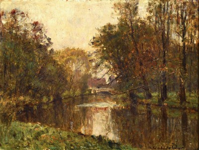 Leo Hohlfeld, 1872 Waren-1951 Dessau, Landschaft mit Baum bestandenem Bachlauf im Herbst, Öl/Malkarton, rechts unten signiert, rückseitig datiert ...