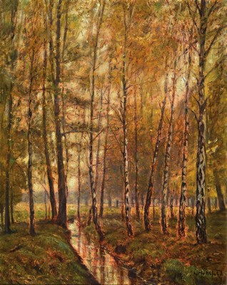 Leo Hohlfeld, 1872 Waren-1951 Dessau, Birkenwäldchen mit Bachlauf im Herbst, Öl/Lwd, rechts unten signiert, ca. 55x45cm, R. ca. 63x53cm