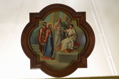 Unbekannter Maler der Nazarener, deutsch, 19 .Jh., Christus vor Pontius Pilatus, Öl auf konvex geborgene runde Metallplatte, krakeliert, in ...