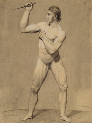 Zuschreibung: Charles Francois Mayer, gest. 1849 Paris, Männlicher Akt mit Messer, Bleistiftzeichnung auf Papier, weiß gehöht, seitlich rechts ...