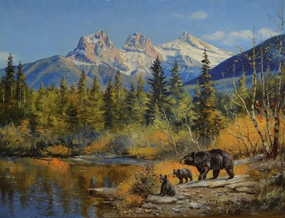 Willy Lorenz, 1908 Berlin - 1980, deutscher Tiermaler, Bärin mit zwei Jungtieren in herbstlicher Landschaft der kanadischen Rocky Mountains, ...