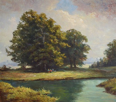 Willy Ahrweiler, geb. 1905 Düsseldorf, Studium an den Akademien Düsseldorf und München, hier: Personen beim Picknick am Flußufer, im Hintergrund ...