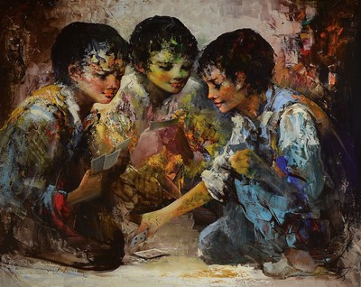 Anoush Rahnarvardkar, 1924 Teheran-1983 München, Karten spielende Kinder, Öl/Lwd, rechts unten signiert, ca. 80x100cm, R. ca. 100x120cm