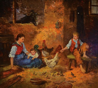 Bahman, zeitgenössischer Traditionalist, Mutter mit zwei Kindern im Hühnerstall, Öl/Lwd, rechts unten signiert, ca. 90x100cm, R. ca. 100x110cm, ...