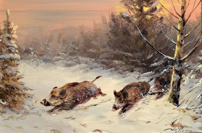 Willy Lorenz, 1901 Köln-1981, bekannter deutscher Tier- und Landschaftsmaler, hier: Wildschweine im verschneiten Winterwald, Öl/ Malkarton, rechts ...