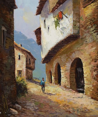 Melia, zeitgenössischer spanischer Maler, Stadtansicht, Öl/Lwd, rechts unten signiert, kleinere Farbabblätterungen, ca. 60x50cm, R. ca. 70x60cm