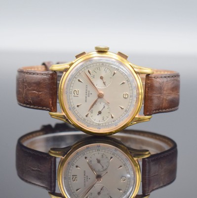 Herrenarmbanduhr mit Chronograph Kaliber Landeron 48, Schweiz um 1950, Handaufzug, verg. Geh., Stahlboden aufgedr., Zifferbl. bez. "Baume & ...