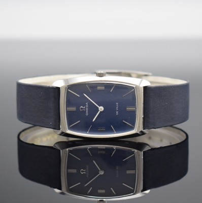 OMEGA De Ville gut erhaltene Armbanduhr Referenz 111.085, Schweiz um 1970, Handaufzug, 2-teil. Geh. in Stahl, Boden aufgedr., orig. Lederband m. ...