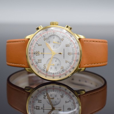 JUNGHANS Chronoscope Herrenarmbanduhr mit Chronograph Referenz 027/5382, Deutschland um 2018, verg. Stahlgehäuse, beids. vergl., orig. Lederband m. ...