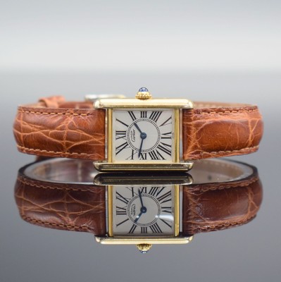 CARTIER Paris Damenarmbanduhr Tank Vermeil Referenz 5057001, Schweiz 1990er Jahre, verg. Silbergeh. altersbed. ber., neutr. Lederband, quarz, Boden ...