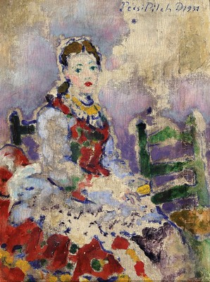 Dezsö Pécsi-Pilch, 1888 Pécs - 1949 Budapest, "une Paysanne de Sarköz", junge Frau auf grünem Stuhl, Öl/Holz, re. oben signiert und ...