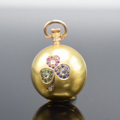 NESTOR ausgefallen Zylinder-Damentaschenuhr in GG 585/000, Handaufzug, Schweiz um 1910, l. dell. Außengehäuse in Form einer Kugel aufw. m. Rubinen, ...