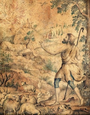 Unbekannter Barockkünstler, 18. Jh., Aquarell auf Papier, 2 Arbeiten: Mose und der brennende Dornbusch nach Ex. 3-4, Schilderung Moses als Hirte; ...