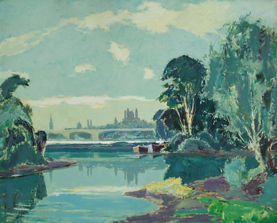 Karl Graf, 1902-1986 Speyer, Blick über den Rhein auf den Dom zu Speyer, im Vordergrund Boote, Aquarell/Gouache auf Malkarton, rechts unten ...