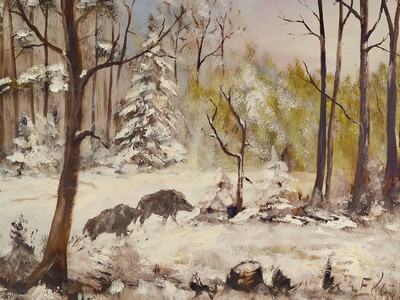 Erich Klug, Maler aus Deidesheim, Jagdgemälde, Wildschweine in verschneiter Waldlandschaft, Öl/Lwd, signiert, ca. 60 x 80 cm, vergoldeter ...