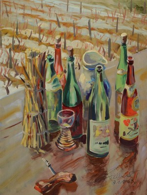 Ludwig Fellner, 1917 Weißenburg - 2006 Neustadt/Wstr., Weinflaschen vor winterlichen Wingertzeilen, Öl/Platte, re. u. signiert und datiert 1963, ...