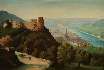 A. Schwindt, Künstler 2. Hälfte 19. Jh., Blick auf das Heidelberger Schloß und das Neckartal, im Vordergrund in der Sonne spazierender Herr mit ...
