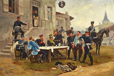 P. Rhegheere nach Alphonse de Neuville, "Feldzug 1870/71 - Durchsuchung eines Verdächtigen vor preußischen Offizieren", Öl/Lwd, links ...