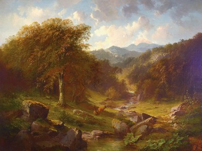 Anton Victor Alexander Steinach, 1819 Breslau -1891 Uttwil, Studium an der Akademie Dresden und bei Frau Schulz in Berlin, hier: Blick in ein weites ...