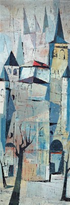 Jupp Zimmer, 1919 Graach-1995 Trier, Trierer Capriccio, so rückseitig betitelt, Öl/Spanplatte, rechts unten signiert, ca. 140x50cm, R., aus dem ...