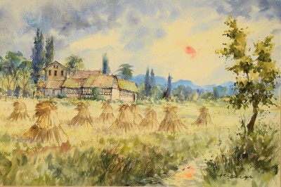 Heiner Deege, 1920-2007 Haßloch, Neumühle in Haßloch/Pfalz, Aquarell, signiert, rückseitig bezeichnet und mit Widmung, ca. 52 x 69 cm, Rahmen mit ...