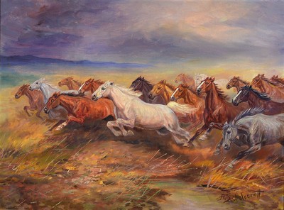 Afanasij Ivanovic Scheloumoff, 1892 - 1983 Polen, galoppierende Wildpferde, Öl/Lwd, re. u. signiert, ca. 60 x 80 cm, Rahmen z.T. besch.
