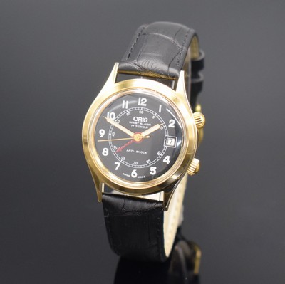 ORIS vergoldete Armbanduhr Modell Wrist Alarm, Schweiz um 1990, Ref. 420-7387, Handaufzug, Stahlboden verschr., neutr. Lederband m. orig. Dornschl., ...